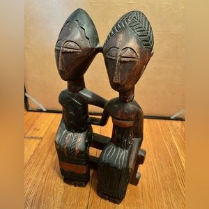 Vintage Hand Carved Women on Bench Wooden Sculpture